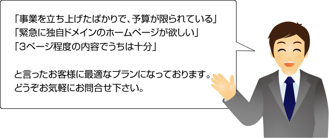 予算が厳しい、独自ドメインがほしい、3ページで十分というお客様へのプランです